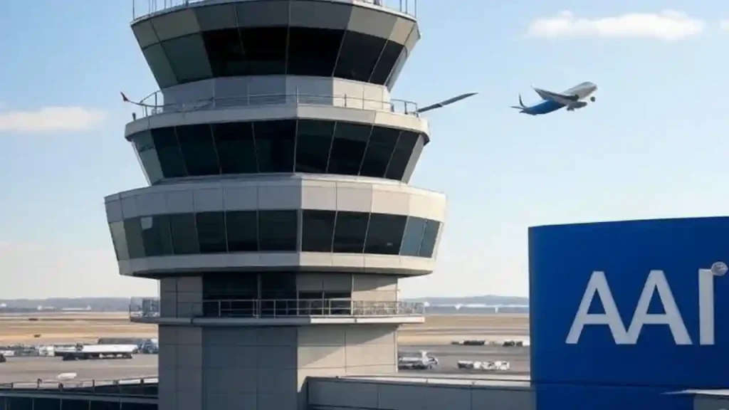 A professional image of an airport control tower with an airplane taking off in the background, symbolizing AAI’s role in aviation management.