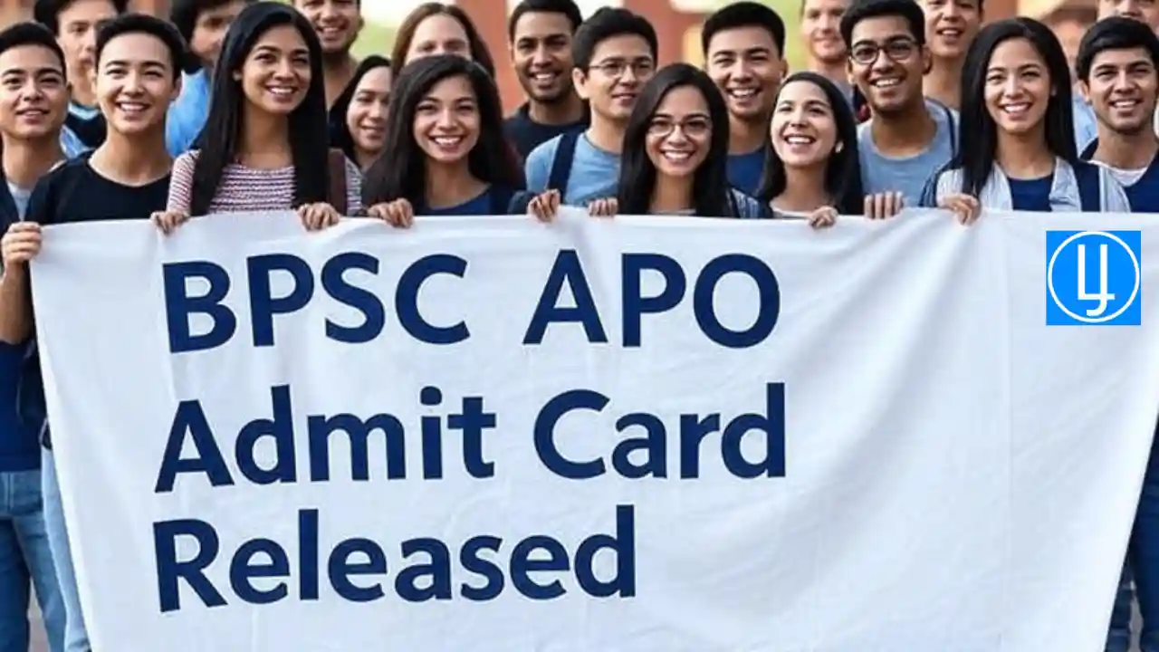 A group of enthusiastic college students holding a large white banner with bold blue text reading "BPSC APO Admit Card Released" in front of a grand law university gate with columns and an archway.