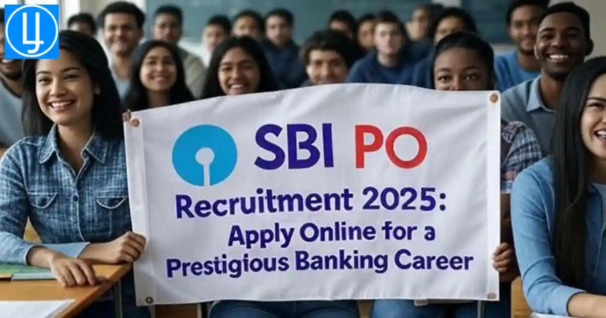 A diverse group of young professionals in formal attire standing outdoors at sunset, representing SBI PO Recruitment 2025, with a city skyline in the background, symbolizing career opportunities in banking.